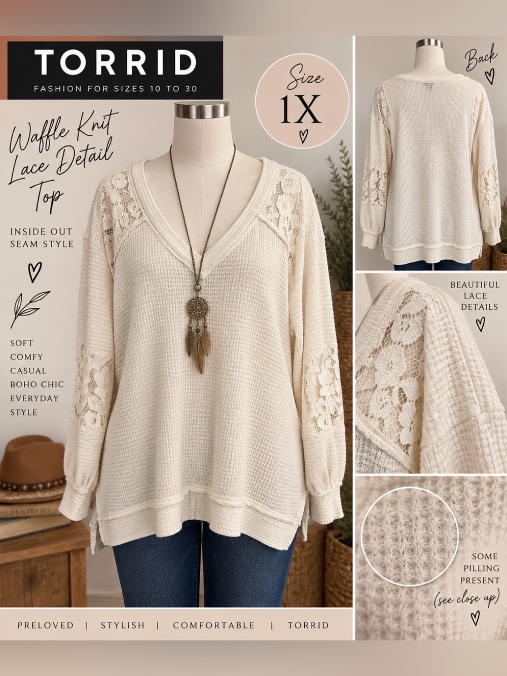 TORRID- Cream Waffle Knit V-Neck Sweater with Lace Shoulders - 1X